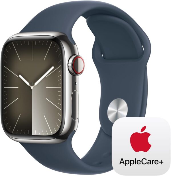 Apple Watch Series 9 [GPS + Cellular 41mm] Smartwatch with Silver Stainless Steel Case with Storm Blue Sport Band S/M with AppleCare+ (2 Years)