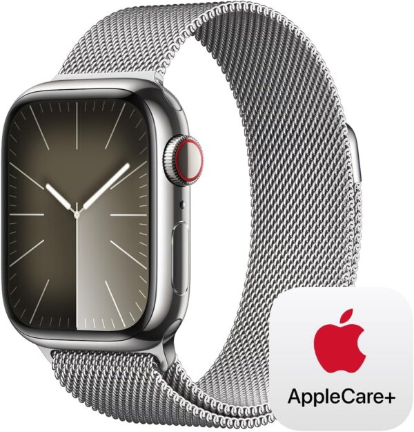 Apple Watch Series 9 [GPS + Cellular 41mm] Smartwatch with Silver Stainless Steel Case with Silver Milanese Loop with AppleCare+ (2 Years)