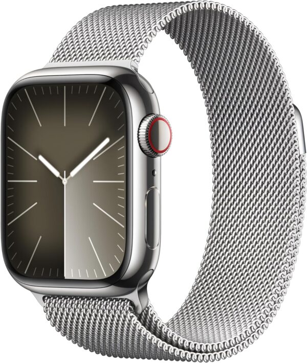 Apple Watch Series 9 [GPS + Cellular 41mm] Smartwatch with Silver Stainless Steel Case with Silver Milanese Loop. Fitness Tracker, Blood Oxygen & ECG Apps, Always-On Retina Display