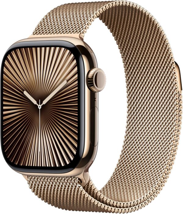 Apple Watch Series 10 [GPS + Cellular 42mm case] Smartwatch with Gold Titanium Case with Gold Milanese Loop. Fitness Tracker, ECG App, Always-On Retina Display, Carbon Neutral